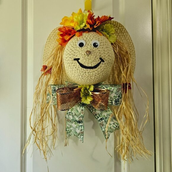 Scarecrow Fall Hat Wreath Autumn Door Hanger - Picture 1 of 4